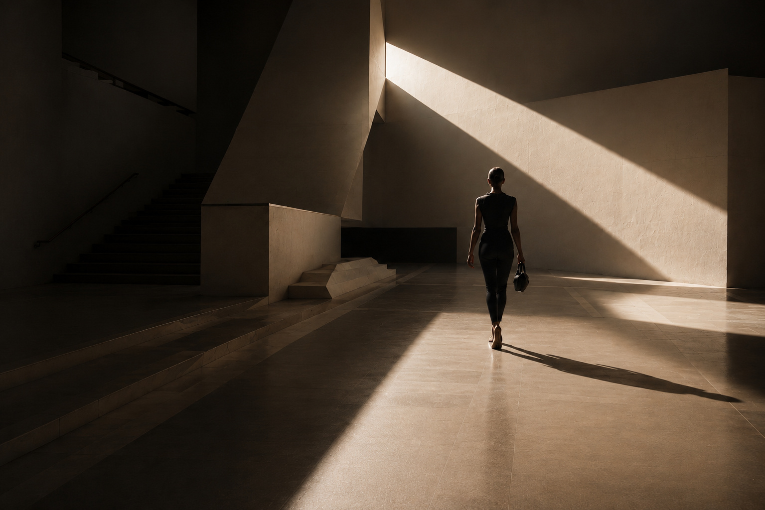 A solitary figure walking through a monumental stone interior toward a shaft of light