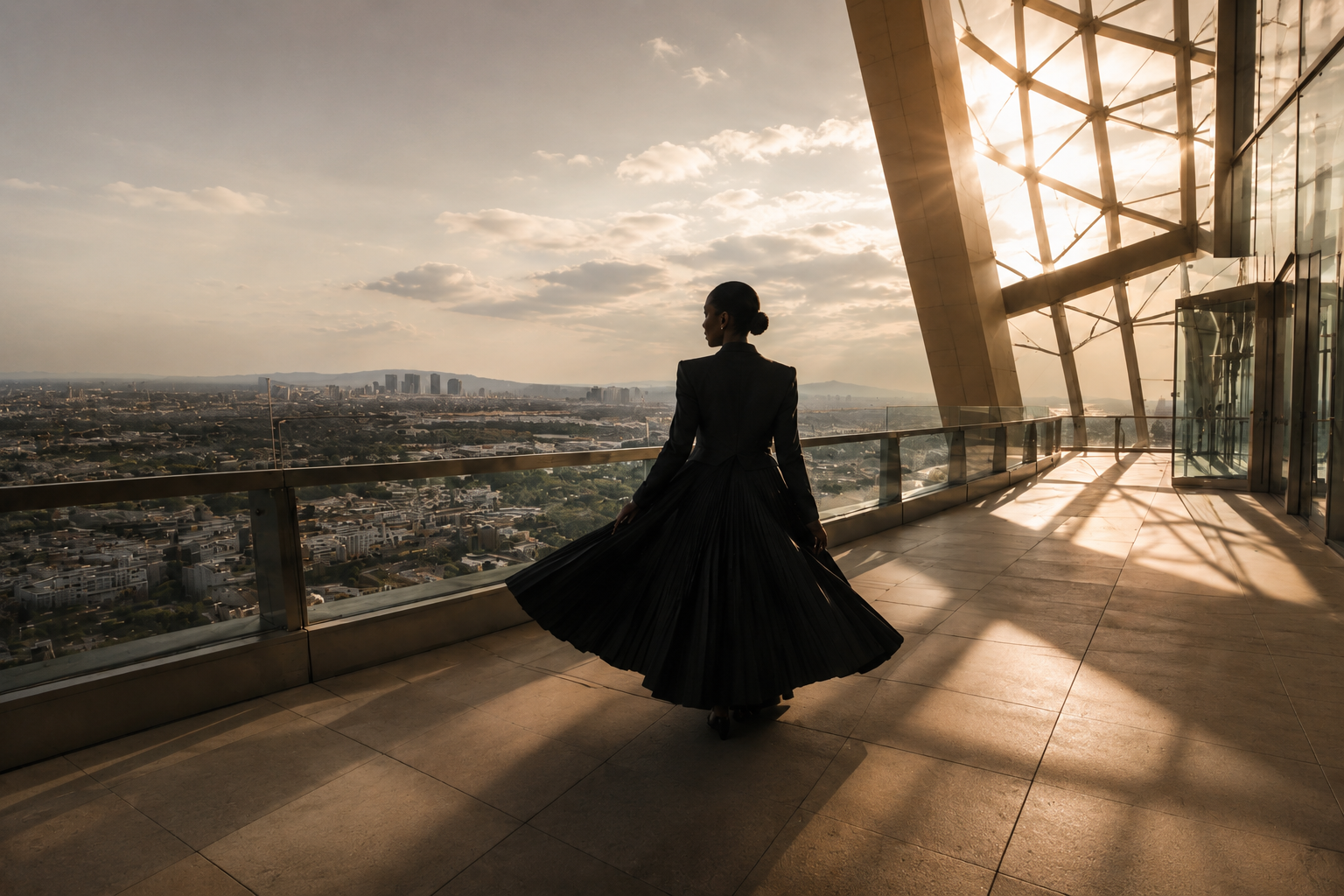 A woman on an architectural terrace above a city at golden hour, the movement of a sculptural black dress caught in the light