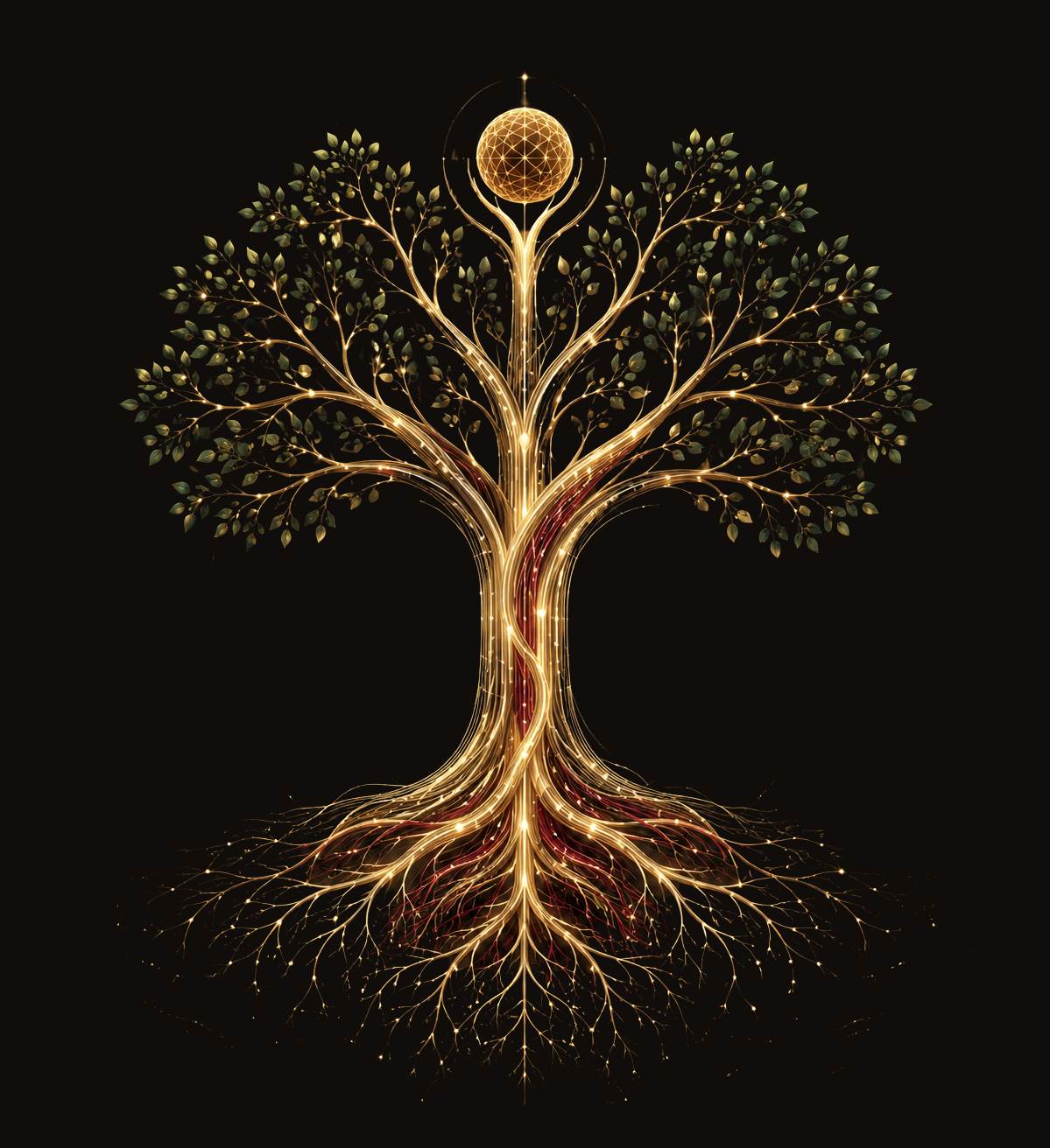 A sculptural golden tree with roots, trunk, branches and leaves representing an organization as one interconnected system
