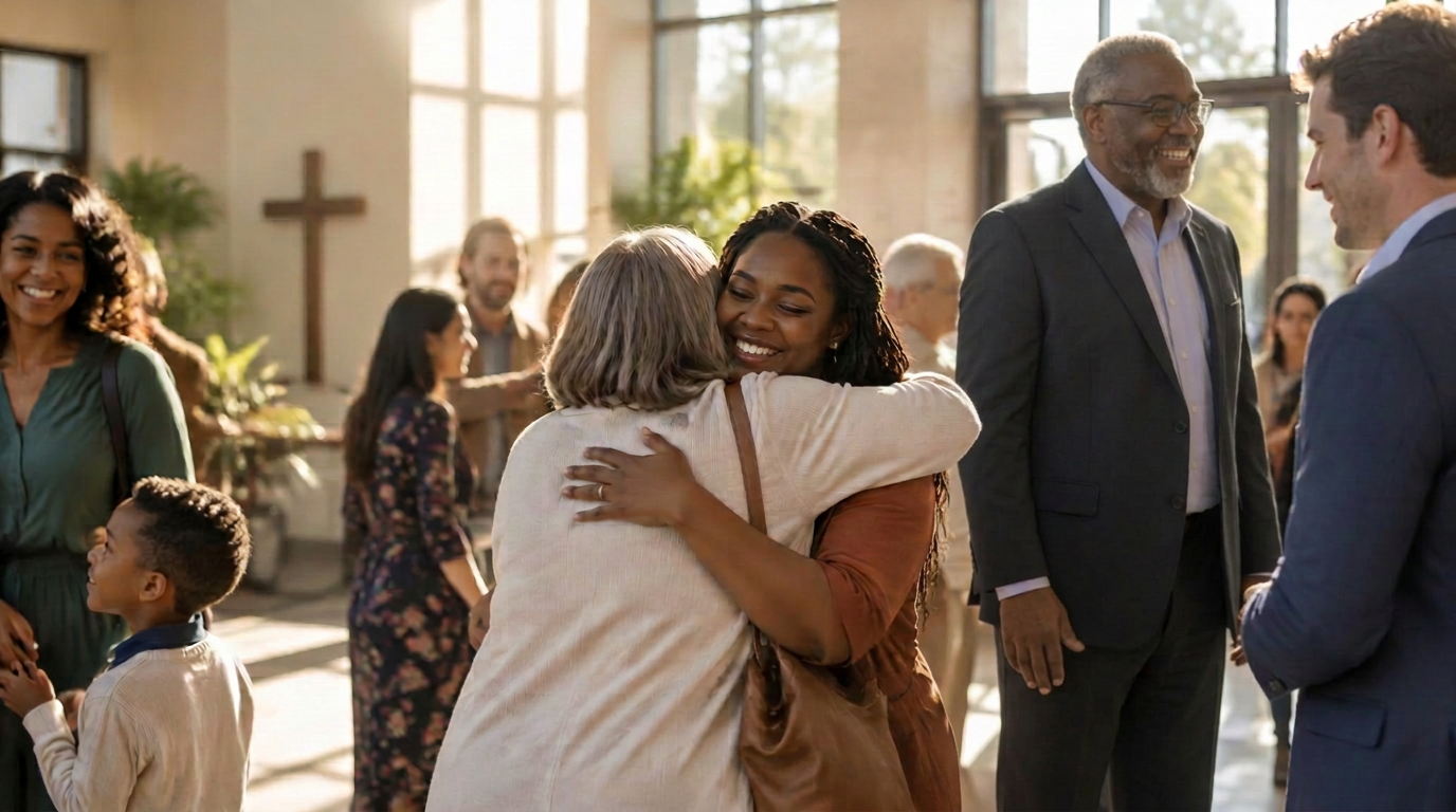 Members of a multigenerational church community embracing and exchanging warm greetings in a sunlit church foyer