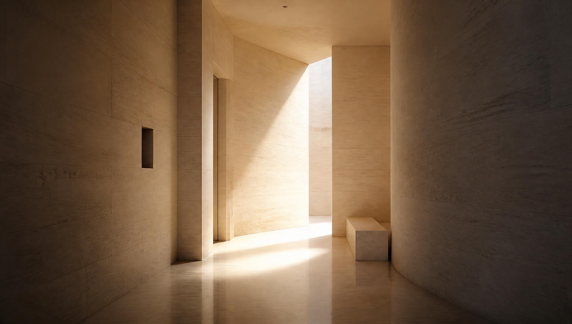 Architectural light revealing an open doorway in a stone corridor