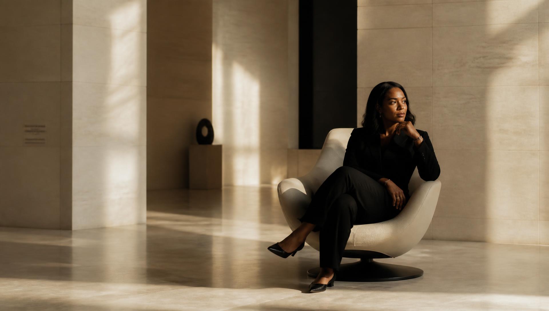 An executive seated alone in a sunlit architectural atrium