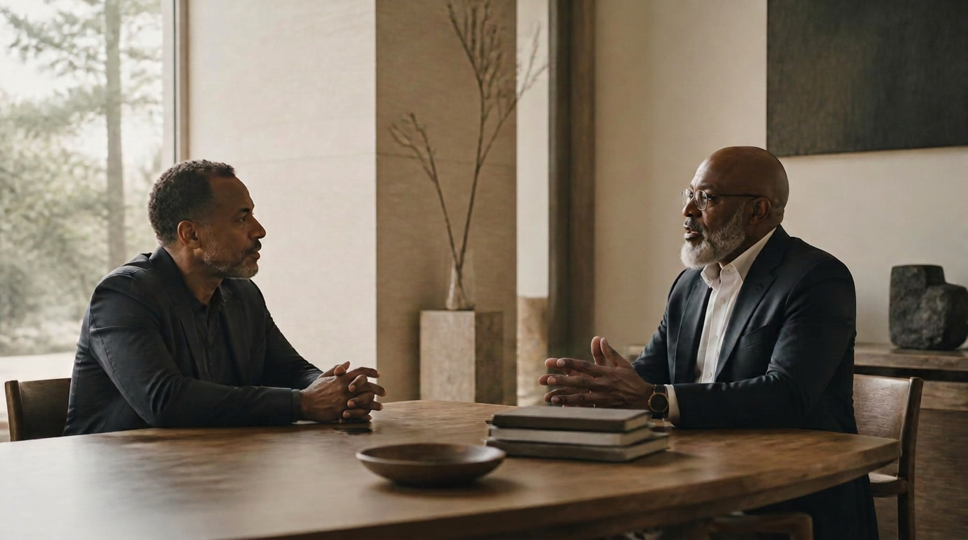 Two leaders in quiet conversation across a table in a calm, naturally lit room