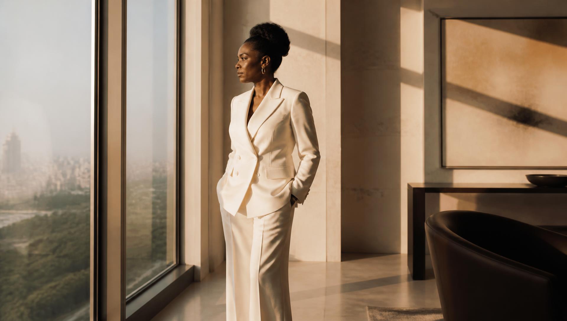 An executive standing alone at a window in a sunlit modern office