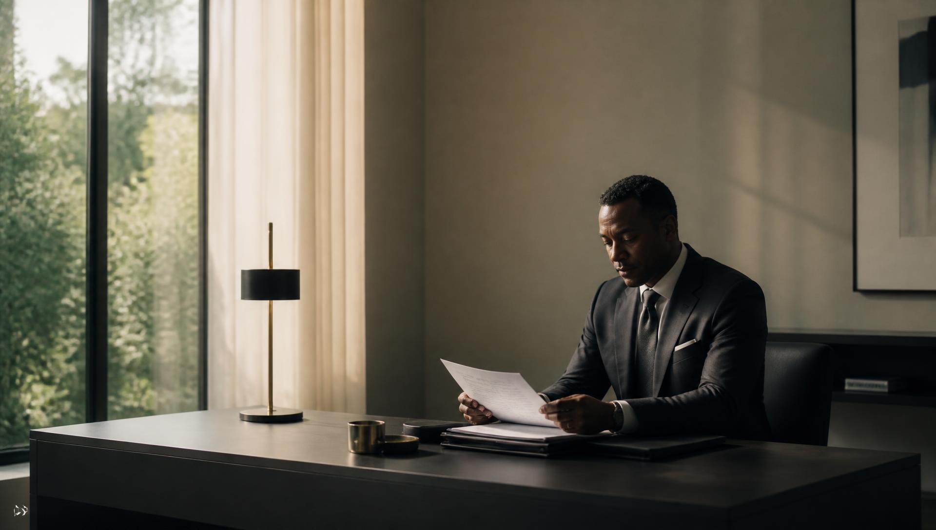 An executive reviewing performance documents alone in a refined office