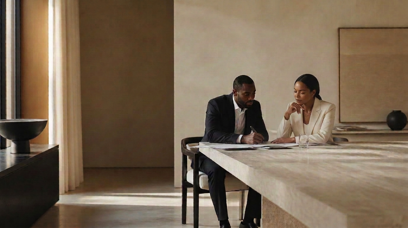 Two executives collaborating quietly in a refined minimal office