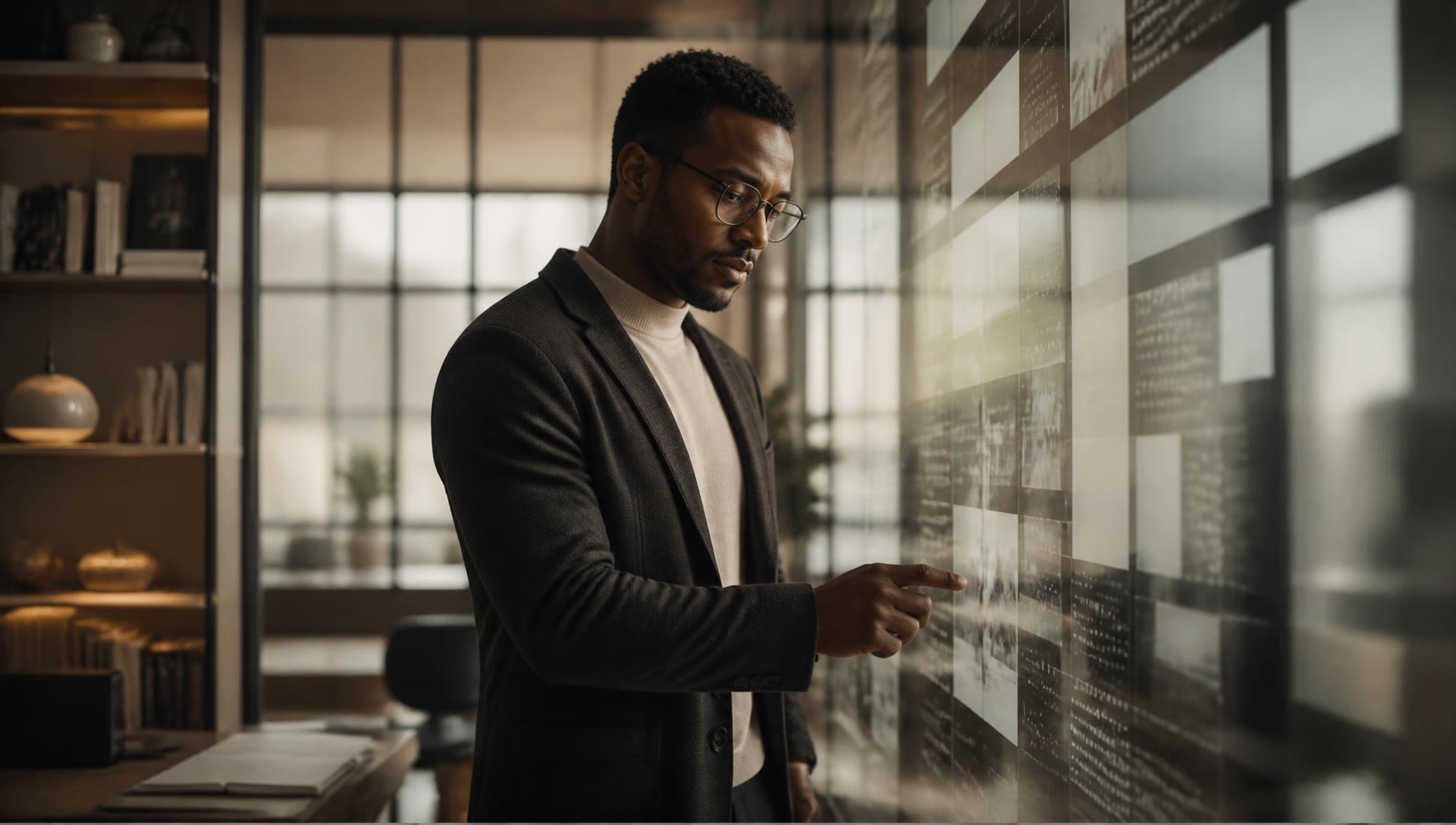 A professional studying a large translucent glass surface layered with soft information patterns