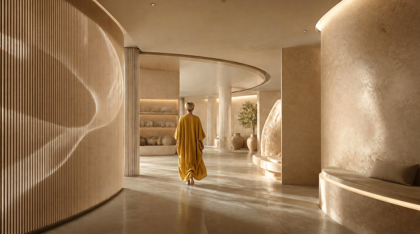 A figure walking through a sculptural, softly lit branded interior of stone and light