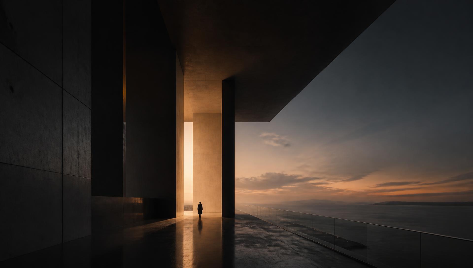 A vast concrete threshold opening onto an open horizon at dusk, a single figure walking toward the light