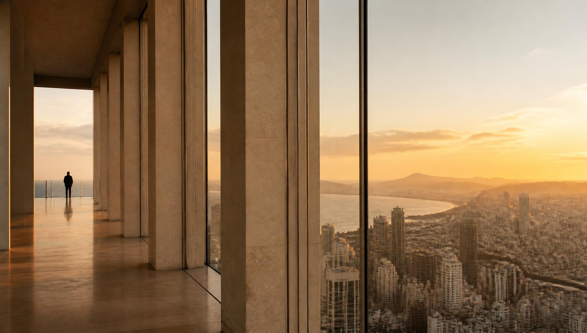 A high, open corridor of glass and stone looking out over a city at golden hour
