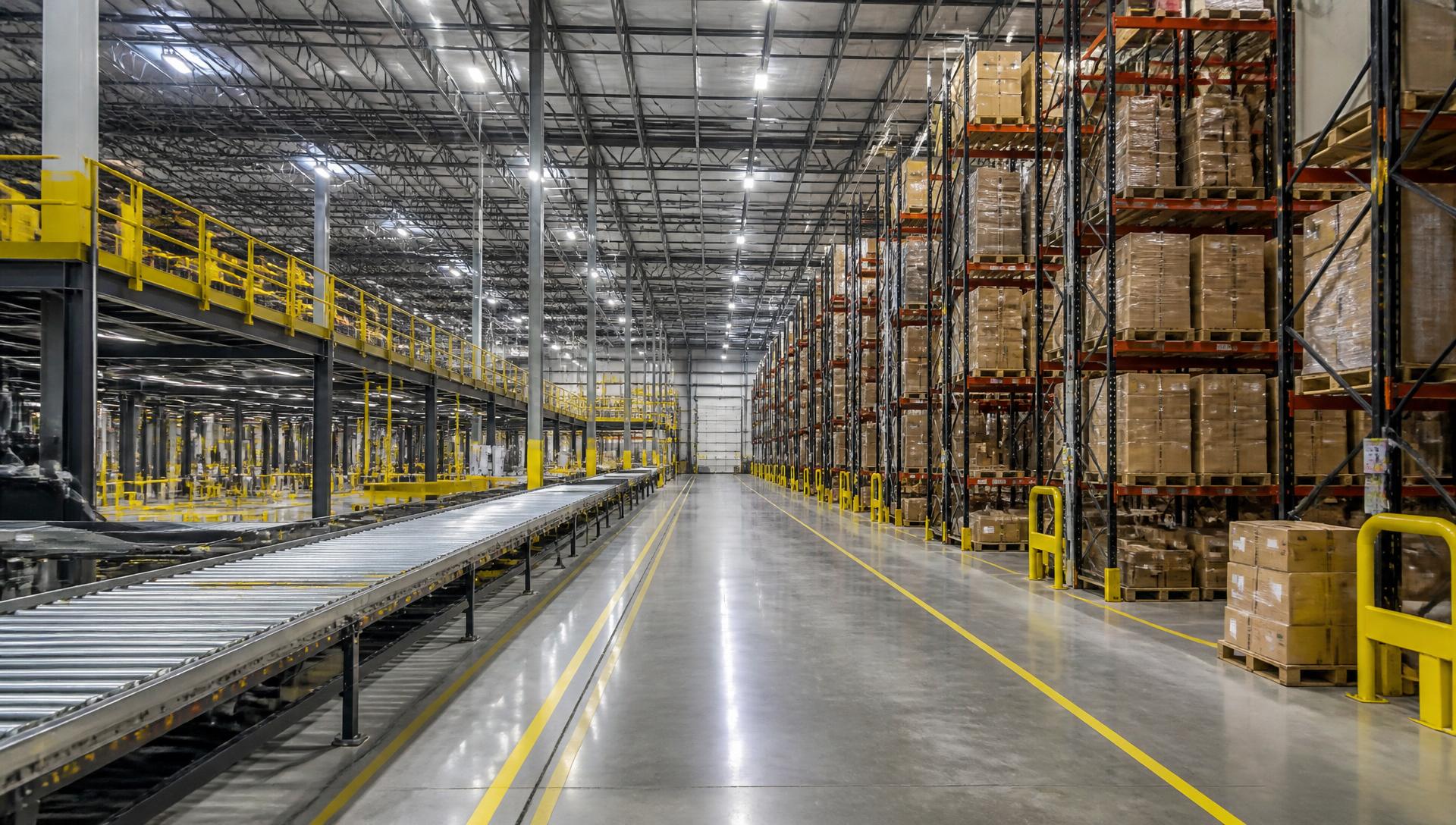 A vast, empty distribution warehouse aisle with conveyor lines and tall racking